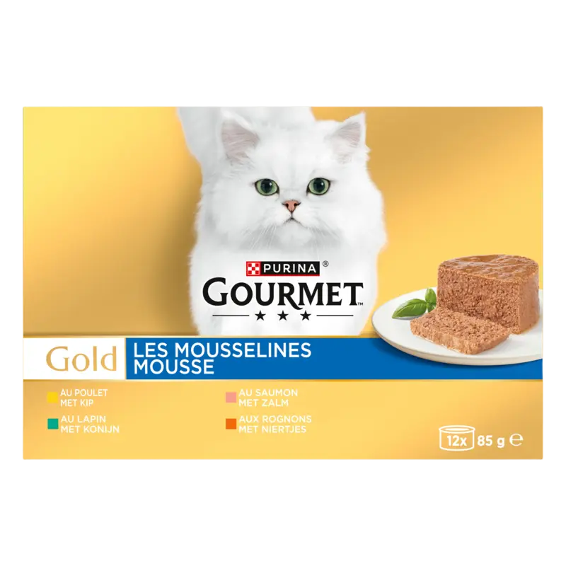 Gold Mousse Kattenvoer nat met Kip, Zalm, Niertjes en Konijn