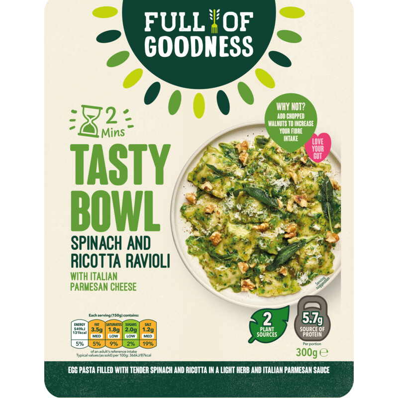 Een afbeelding van Full of Goodness Tasty bowl spinach and ricotta ravioli