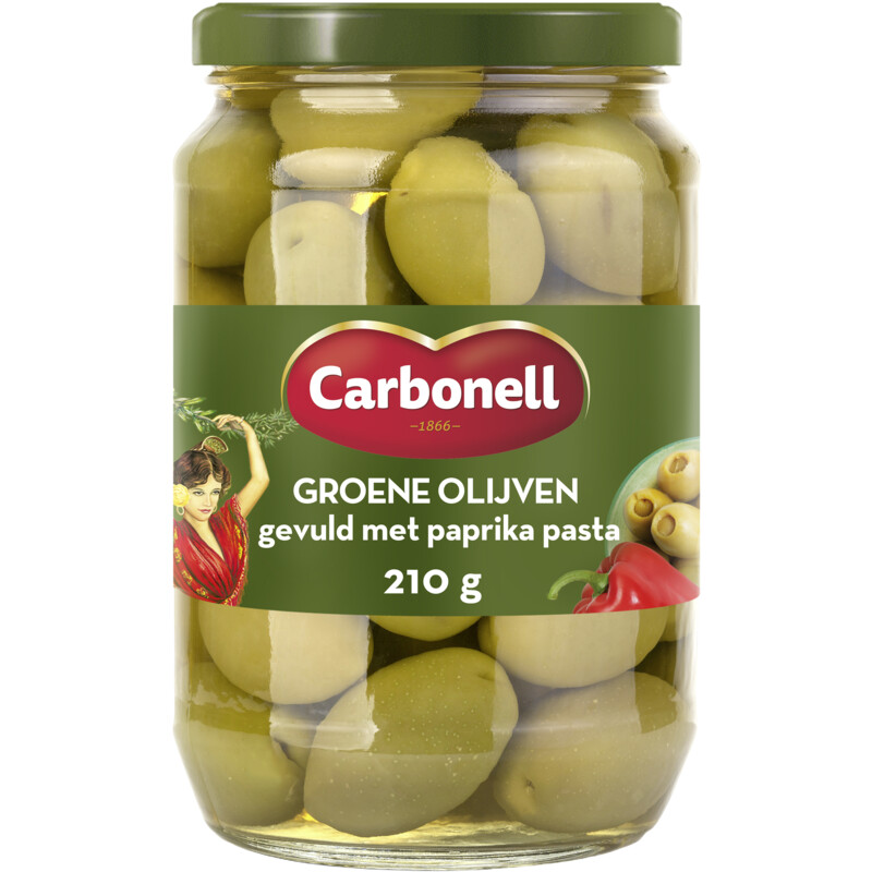 Een afbeelding van Carbonell Groene olijven gevuld met paprikapasta