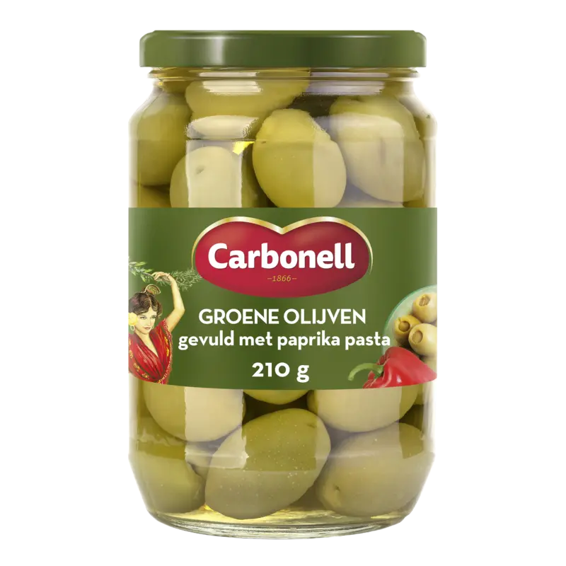 Groene olijven gevuld met paprikapasta