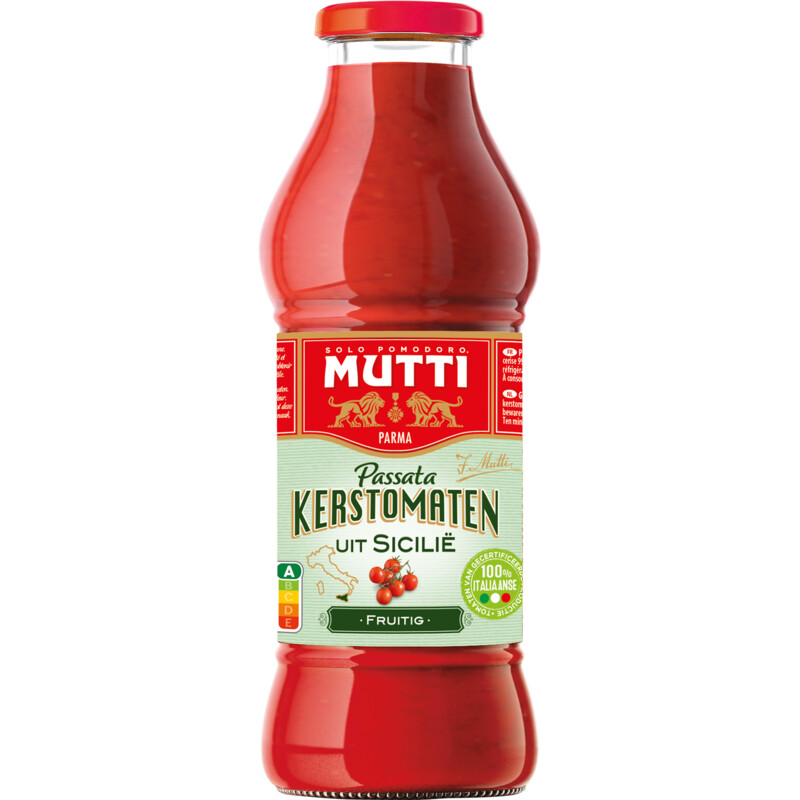 Een afbeelding van Mutti Passata van kerstomaten uit Sicilië