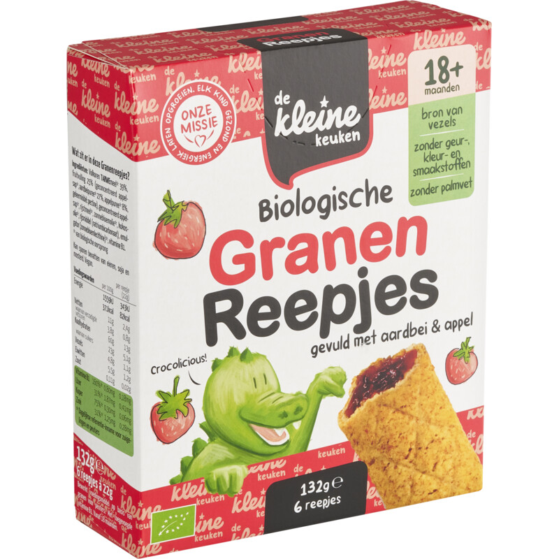 Een afbeelding van De Kleine Keuken Biologische granenreepjes aardbei 18m+
