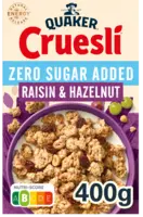 Quaker Cruesli raisin hazelnut zero sugar added