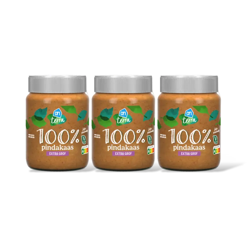AH Terra Plantaardig 100% pindakaas extr grof 3pk