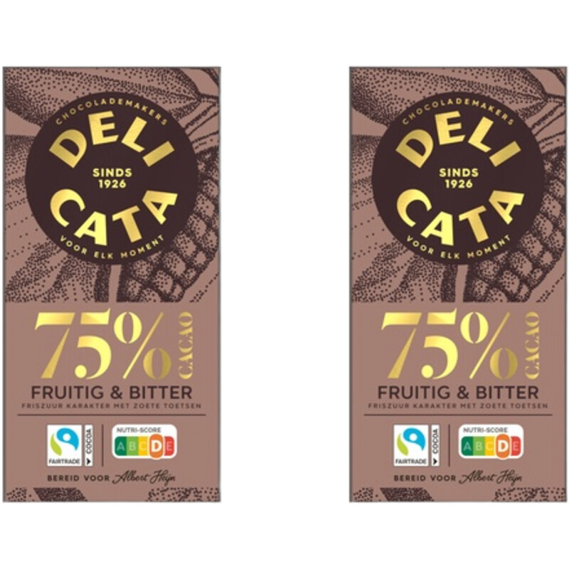 Een afbeelding van Delicata Reep puur 75% cacao 2-pack