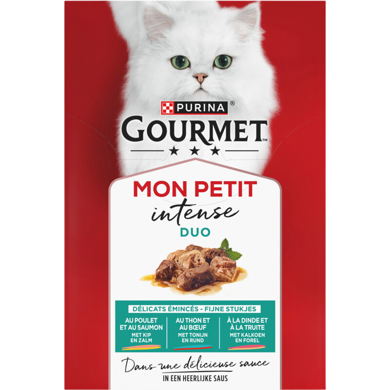 PURINA® Gourmet® Mon Petit Intense DUO Fijne stukjes met Kip en Zalm, met Tonijn en Rund, met Kalkoen en Forel 6x50g natvoer