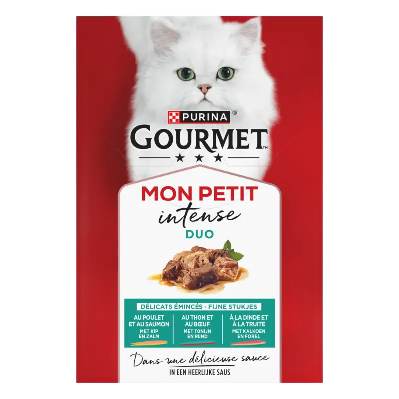 PURINA® Gourmet® Mon Petit Intense DUO Fijne stukjes met Kip en Zalm, met Tonijn en Rund, met Kalkoen en Forel 6x50g natvoer