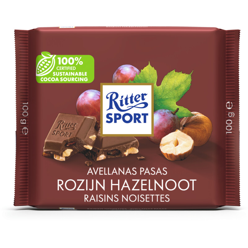 Een afbeelding van Ritter Sport Melkchocolade rozijn hazelnoot