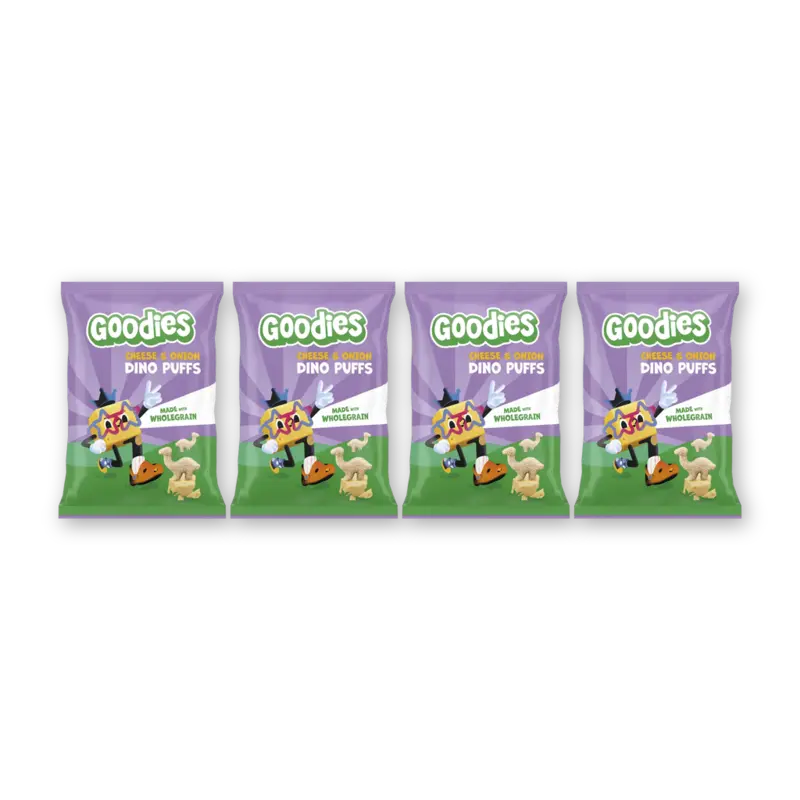 Snack dino puffs cheese/onion 3+ jr 4pk