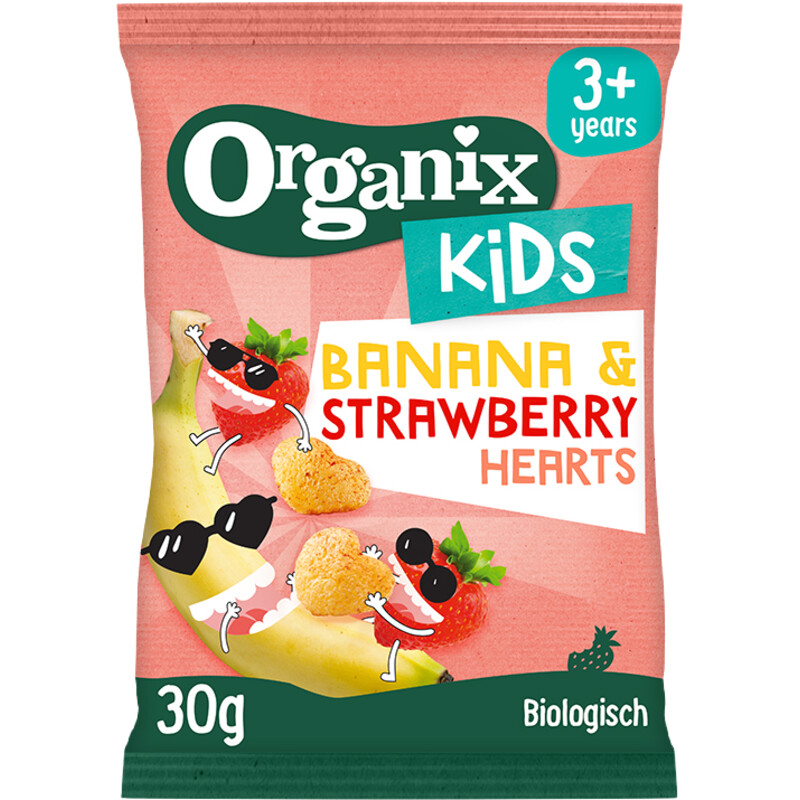 Een afbeelding van Organix Kids banana & strawberry hearts 3 jaar