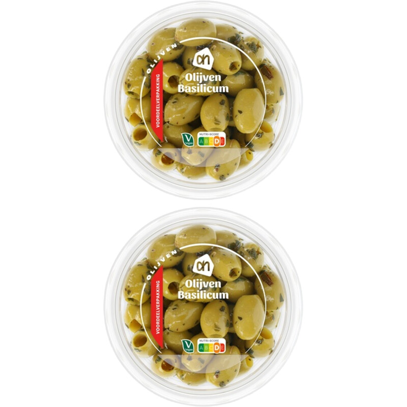 Een afbeelding van AH Groene olijven met basilicum 2-pack