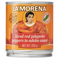 La Morena Sliced red jalapeno peppers adobo sauce