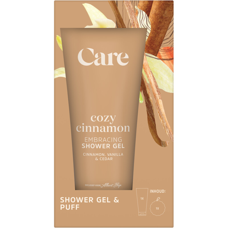 Een afbeelding van Care Cozy cinnamon shower gel & puff giftset