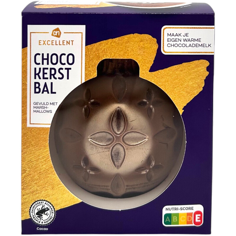 Een afbeelding van AH Excellent Choco kerstbal gevuld met marshmallows