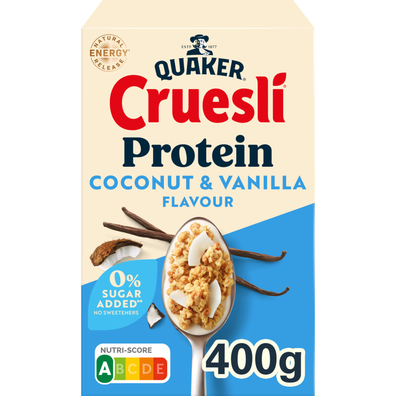Quaker Cruesli protein coconut & vanilla smaak
