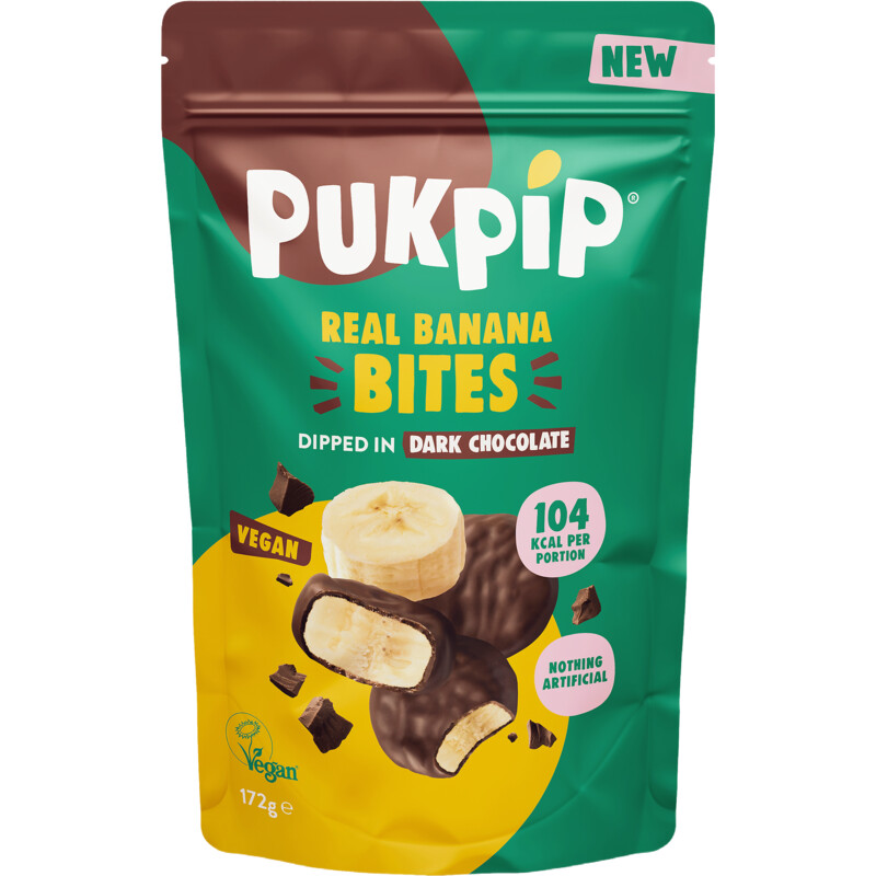 Een afbeelding van Pukpip Real banana bites dark chocolate