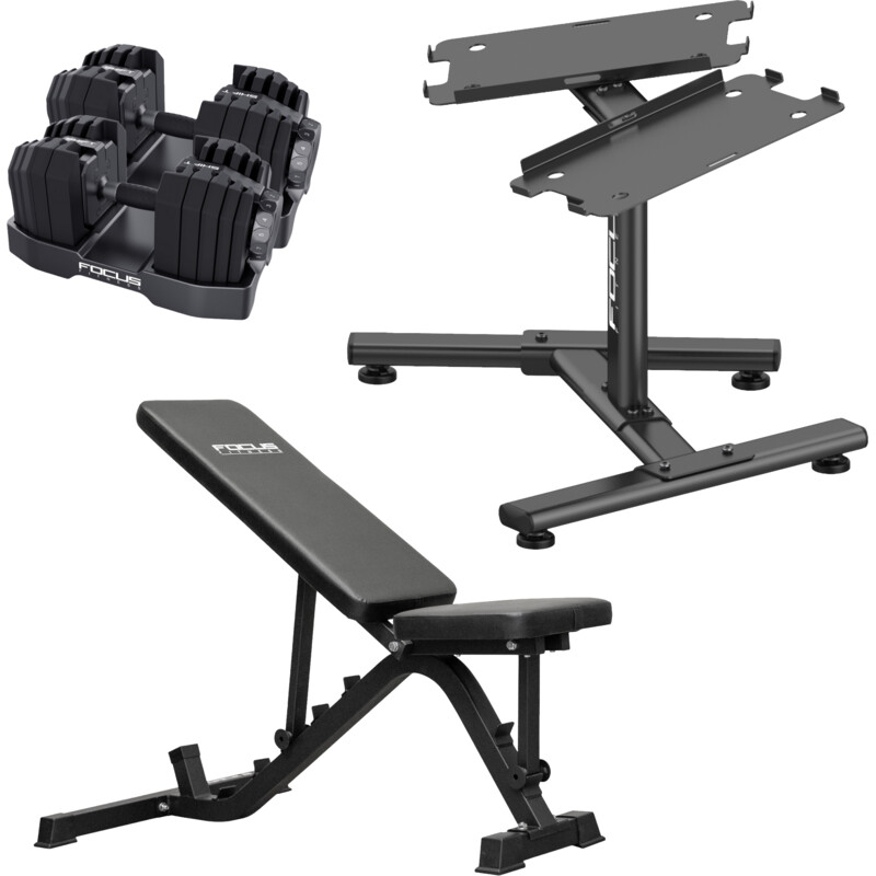 Een afbeelding van Focus Fitness Dumbbells 2x + trainingsbank + standaard