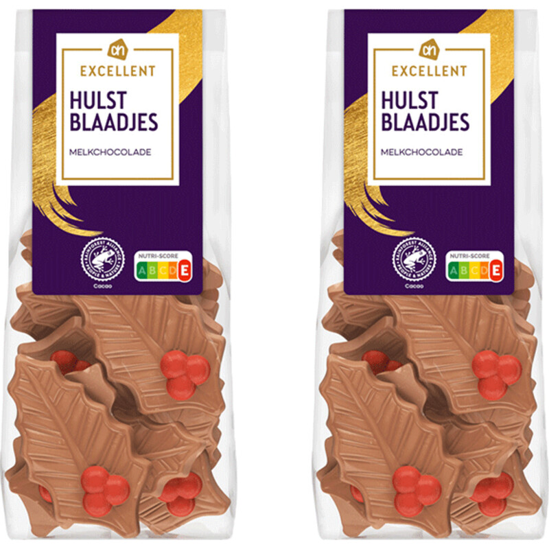 Een afbeelding van AH Excellent Hulstblaadjes van melkchocolade 2-pack