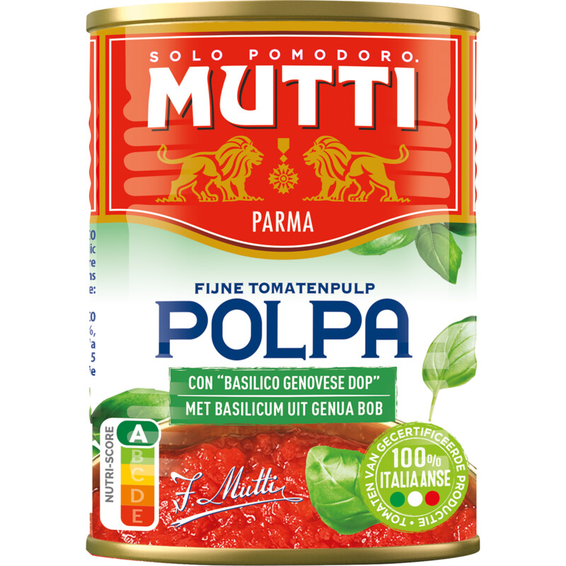 Een afbeelding van Mutti Polpa fijne tomatenpulp met basilicum