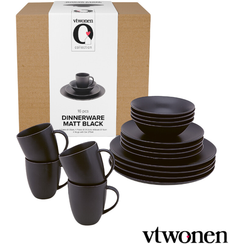 vtwonen Dinnerware raw matt black set/16