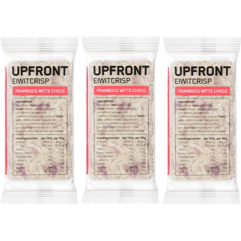 Een afbeelding van Upfront Eiwit crisp witte choc framboos 3-pack