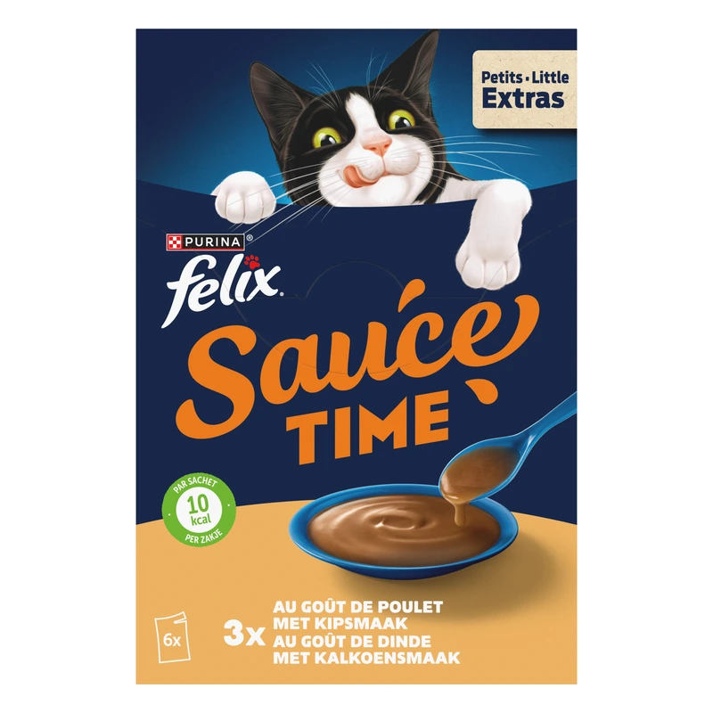 Sauce Time met Kipsmaak en Kalkoensmaak - Natvoer voor Volwassen Katten - Portiezakjes