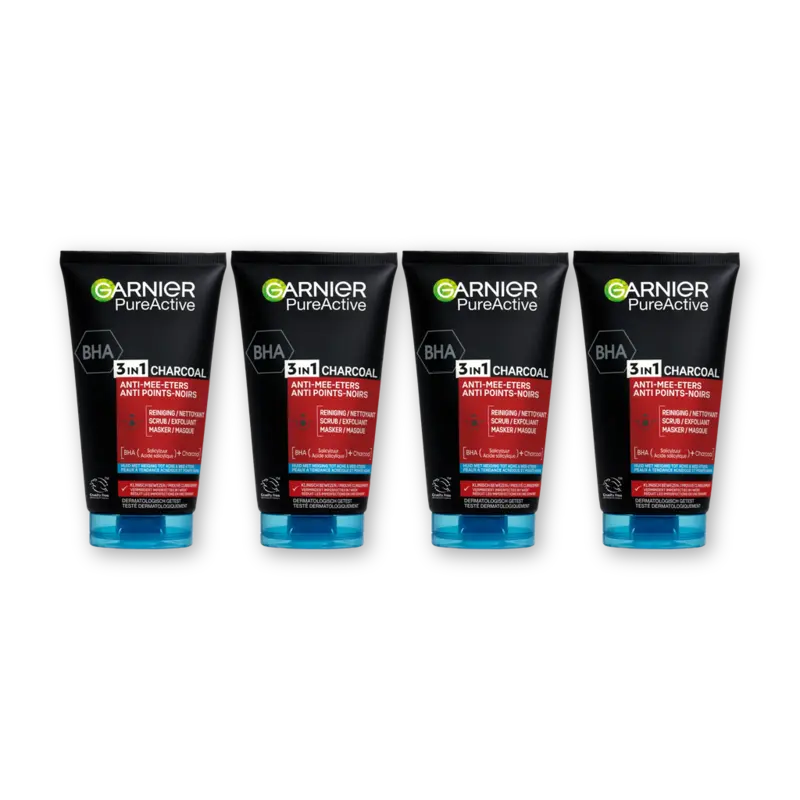 Garnier 3in1 charcoal reiniger, scrub & mask 4pk