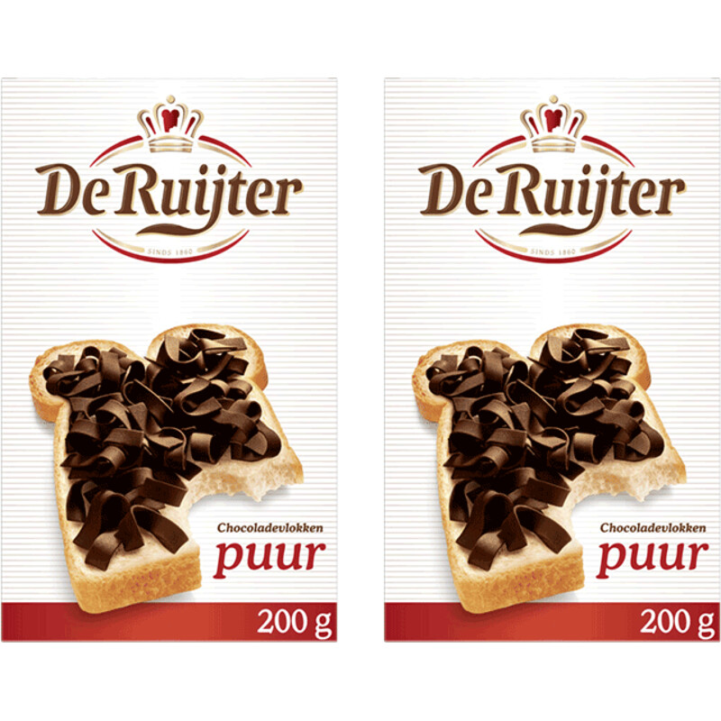 Een afbeelding van De Ruijter Chocolade vlokken puur 2-pack
