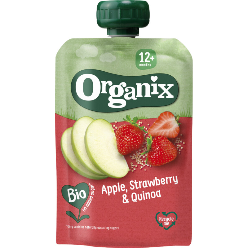Een afbeelding van Organix Knijpfruit appel aardbei quinoa 12m+