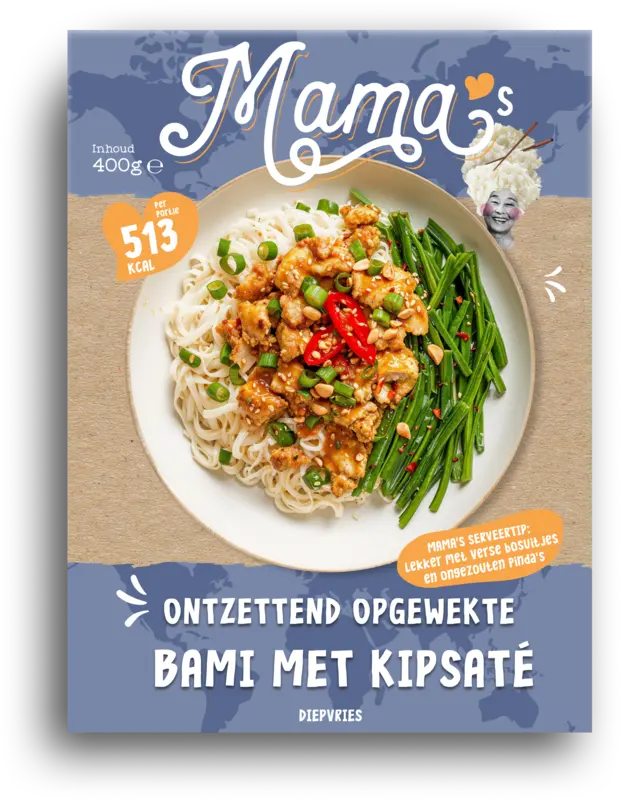 Kipsate met bami en boontjes