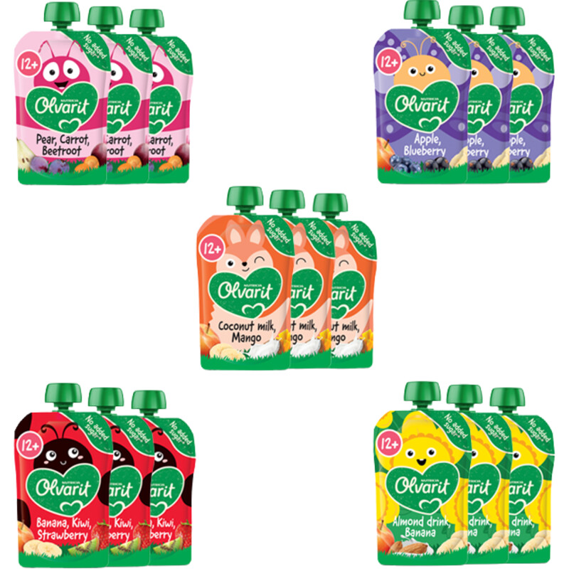 Een afbeelding van Olvarit Knijpfruit 12+ mnd variatiemenu 15-pack