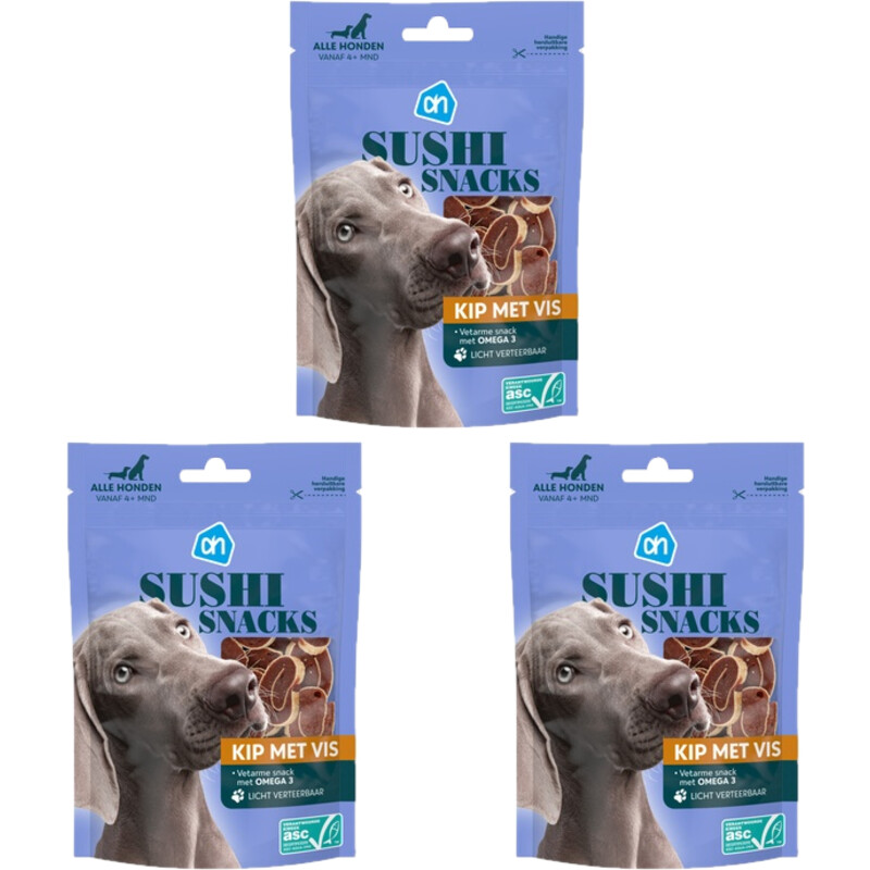 Een afbeelding van AH Sushi snacks kip met vis 3-pack