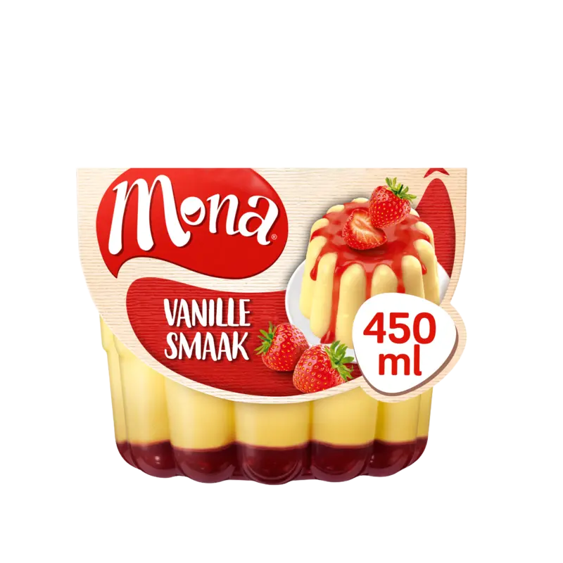 Vanillesmaak pudding met aardbeiensaus