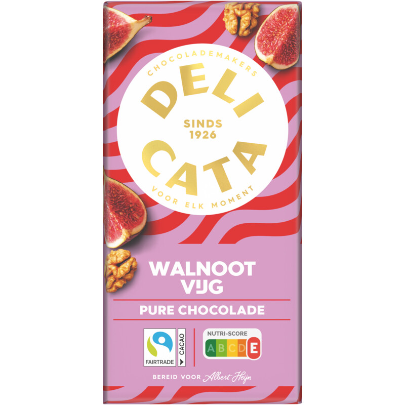 Een afbeelding van Delicata Reep pure chocolade walnoot vijg