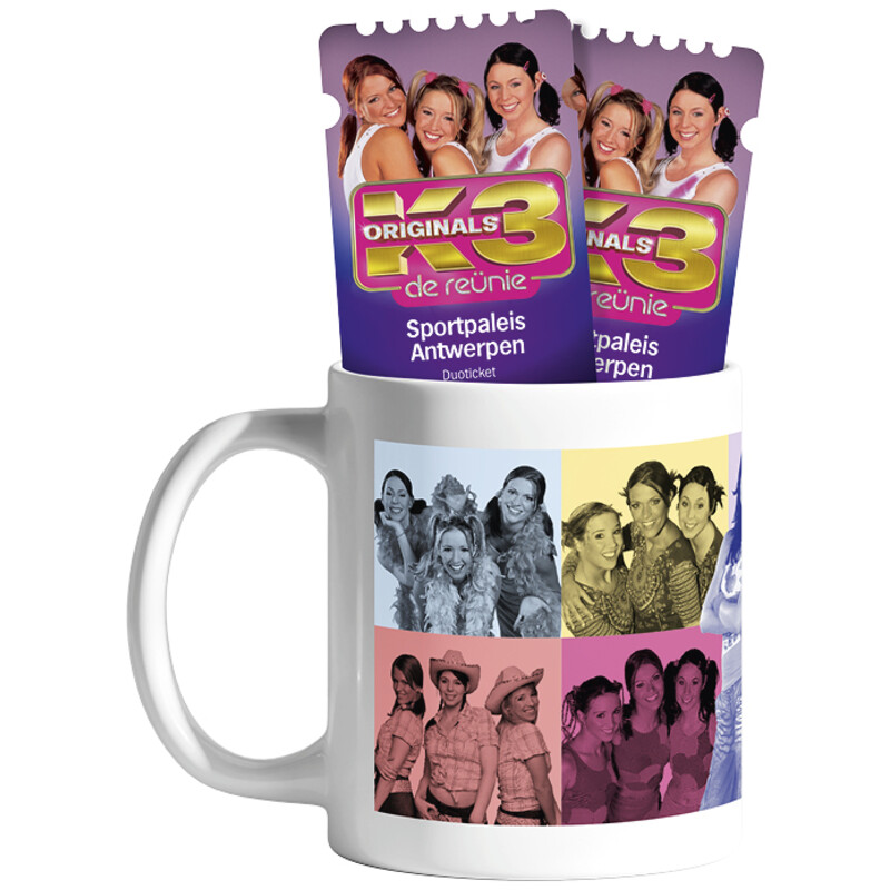 Een afbeelding van K3 Originals mok en winactie duotickets bel