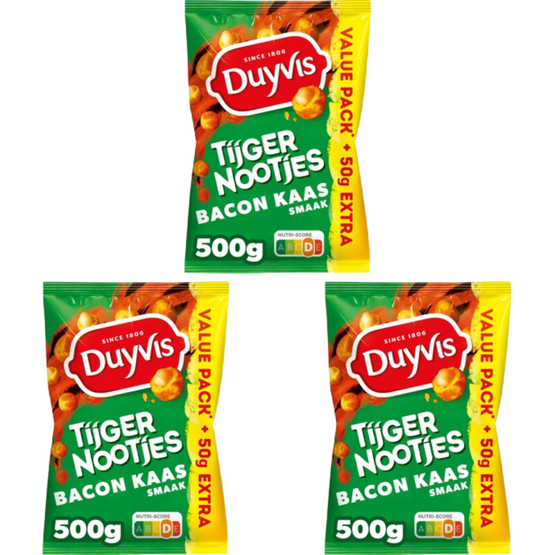 Een afbeelding van Duyvis Borrelnootjes bacon cheese 3-pack