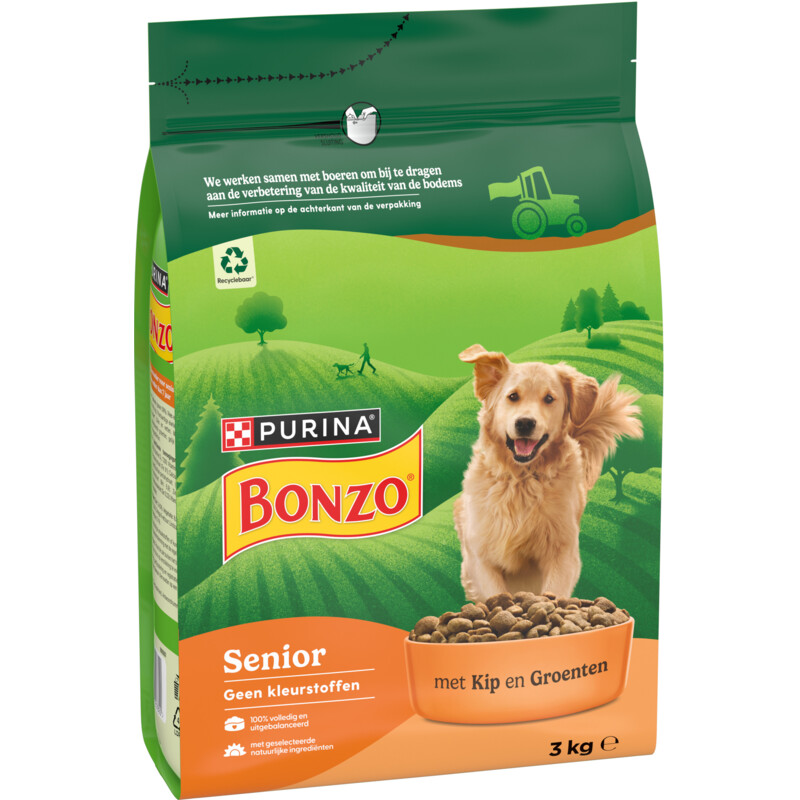 Een afbeelding van Bonzo Senior met kip en groenten