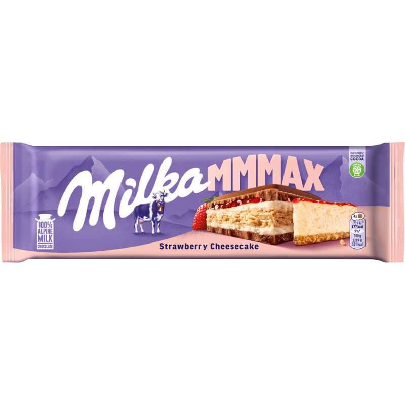 Een afbeelding van Milka Mmmax chocoladereep aardbei cheesecake