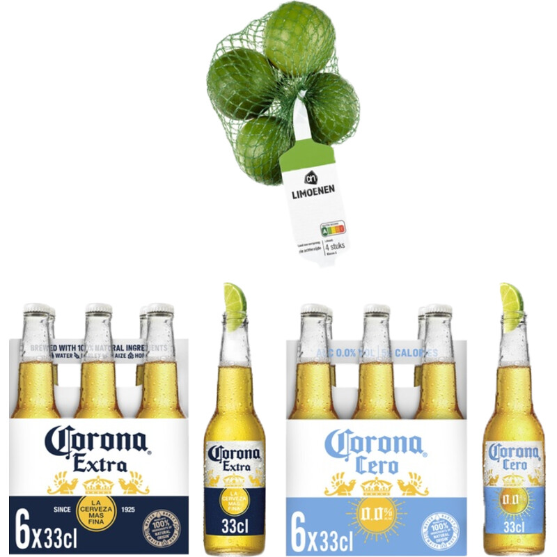 Een afbeelding van Corona bier pakket met limoenen