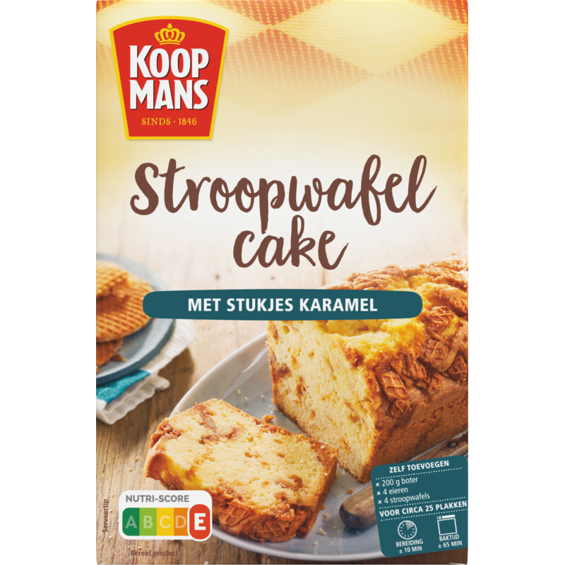 Een afbeelding van Koopmans Stroopwafel cake met stukjes karamel