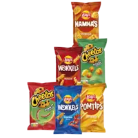 Lay's Wokkels, Pomtips, Hamka's, Cheetos Nibb-it sticks en Goals