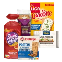 Alle A-merk crackers, knäckebröd en rijstwafels