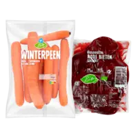 AH Biologisch winterpeen 750 gram en AH Biologisch rode biet gekookt 500 gram