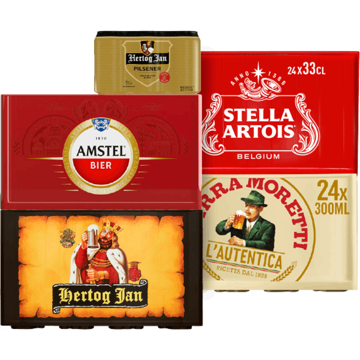 Alle Hertog Jan, Amstel, Birra Moretti of Stella Artois multipacks of kratten*/**