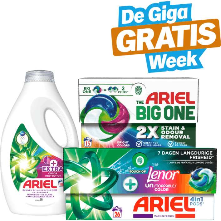 Alle Ariel pods+, vloeibaar+ en The Big One