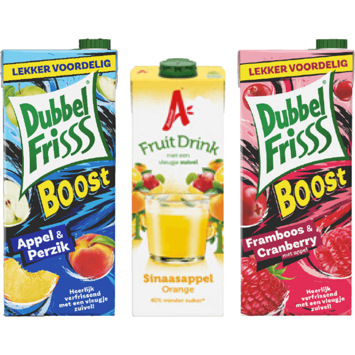 Alle DubbelFrisss Boost 1.5 liter of Appelsientje FruitDrink literpakken
