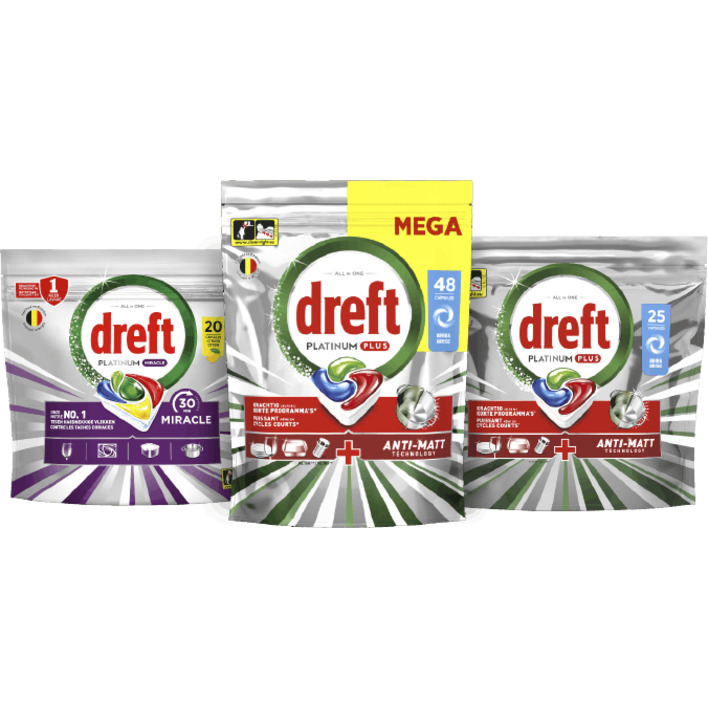 Alle Dreft Platinum Plus en Miracle vaatwascapsules