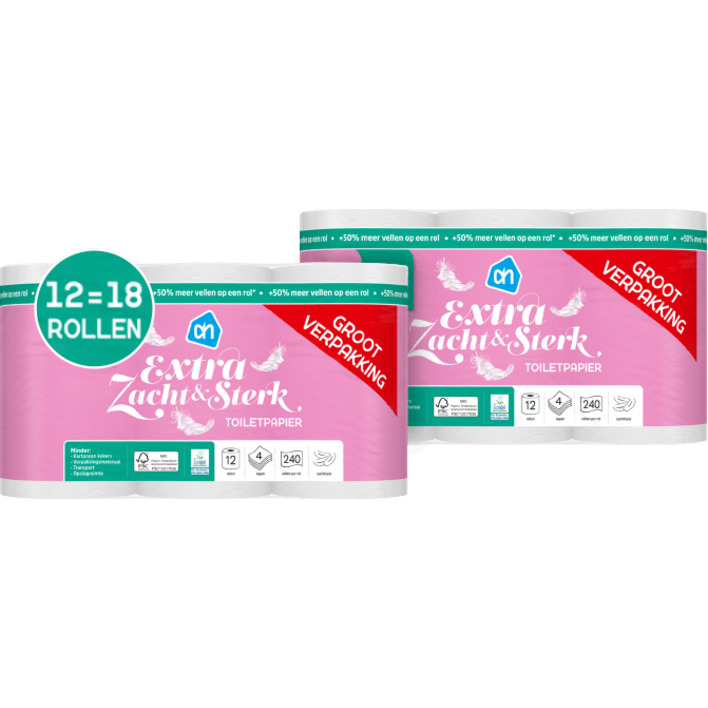 AH Extra zacht & sterk toiletpapier 4-laags 12=18 rollen