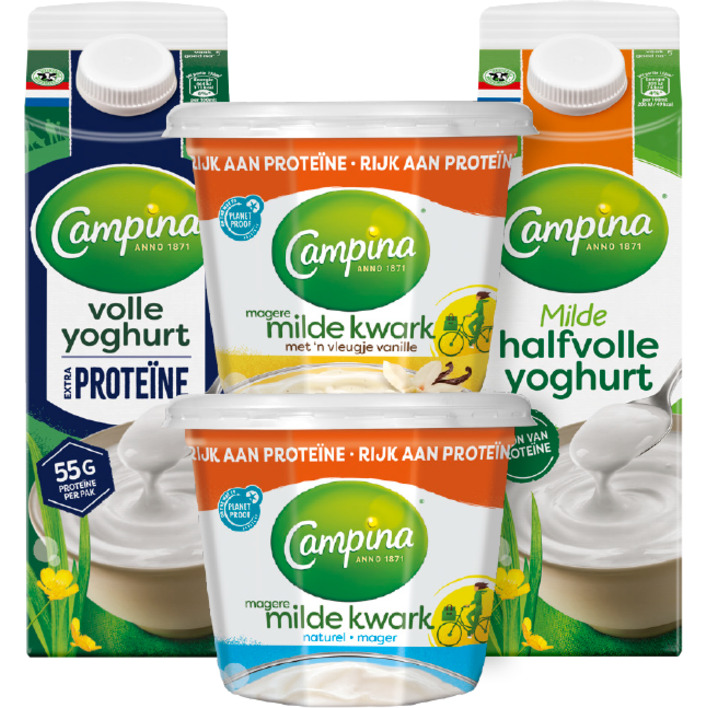 Alle Campina kwark 500 gram en yoghurt literpakken