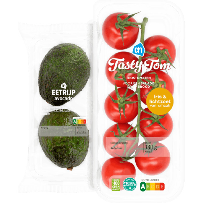 AH Tasty Tom trostomaten 380 gram en avocado eetrijp schaal 2 stuks